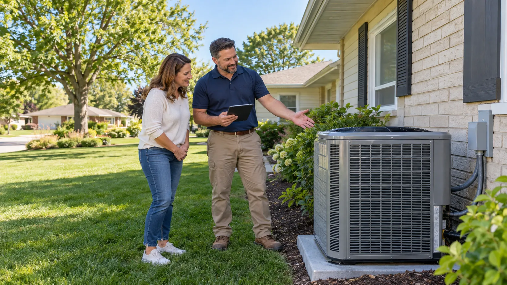 Friendly provider and homeowner reviewing a new outdoor AC unit beside a ranch home in the Overland Park area