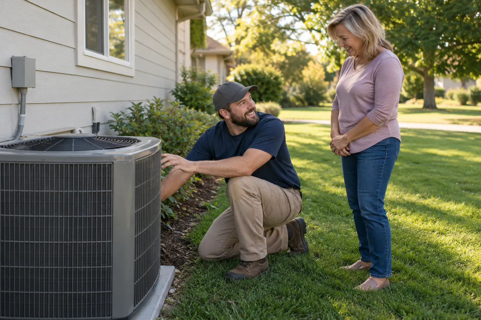 A local HVAC provider checking an outdoor air conditioner at a ranch-style home in Overland Park